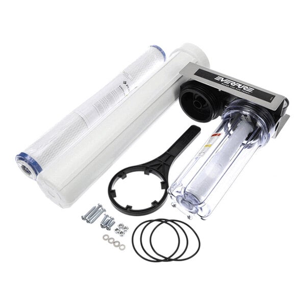 A water filtration system kit with a transparent filter housing, two filter cartridges, a black plastic wrench, several O-rings, and mounting hardware.