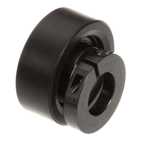 A black cylindrical mechanical component with a central hole and grooved outer surface, likely a bearing or coupling part.
