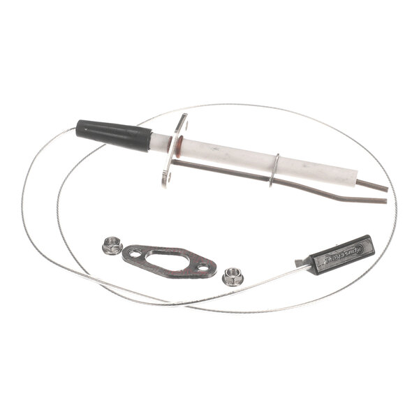 A metal ignition electrode with attached wire, a gasket, two nuts, and a small black component are arranged on a white background.