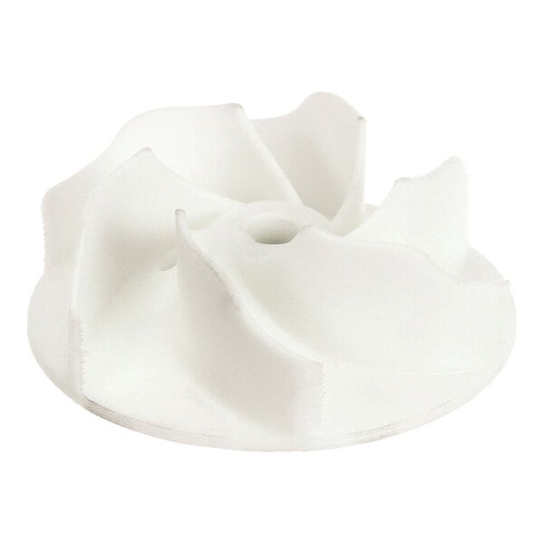 A white, round, plastic component with curved blades and a central hole, resembling a pump impeller.