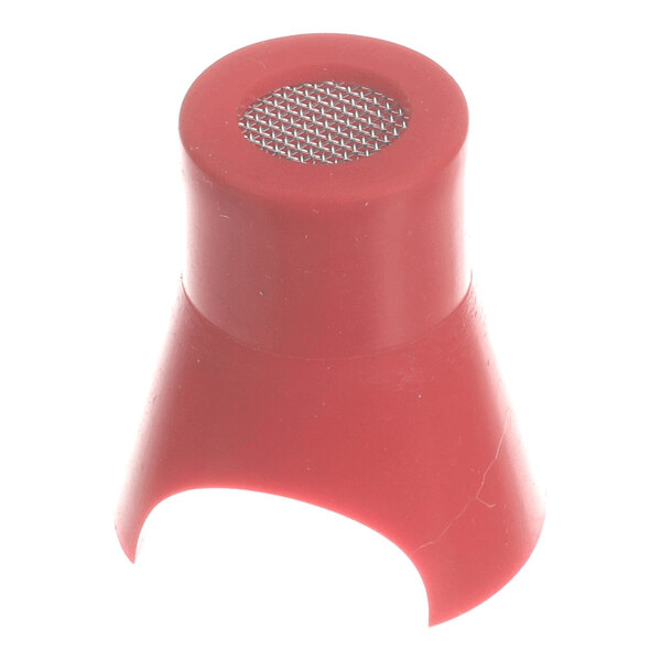 A red plastic cover with a mesh screen on top and a cut-out section at the base.