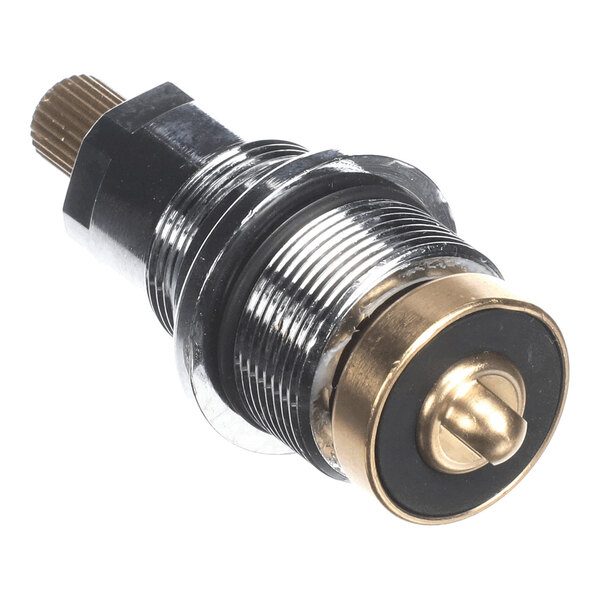 A metal valve insert with threaded sections and a brass-colored end component.