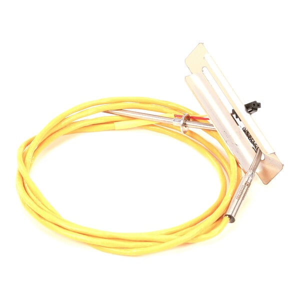 A yellow cable with a metal probe and a metal mounting bracket attached at a 90-degree angle.