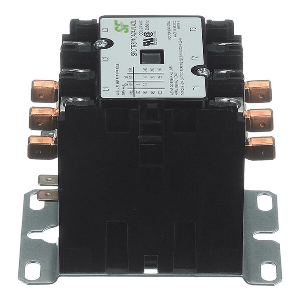 A black and metallic electrical contactor with multiple copper terminals and a labeled top panel.