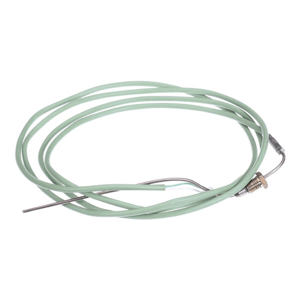 A coiled green wire with a metal probe and threaded connector at one end, likely used for temperature sensing.