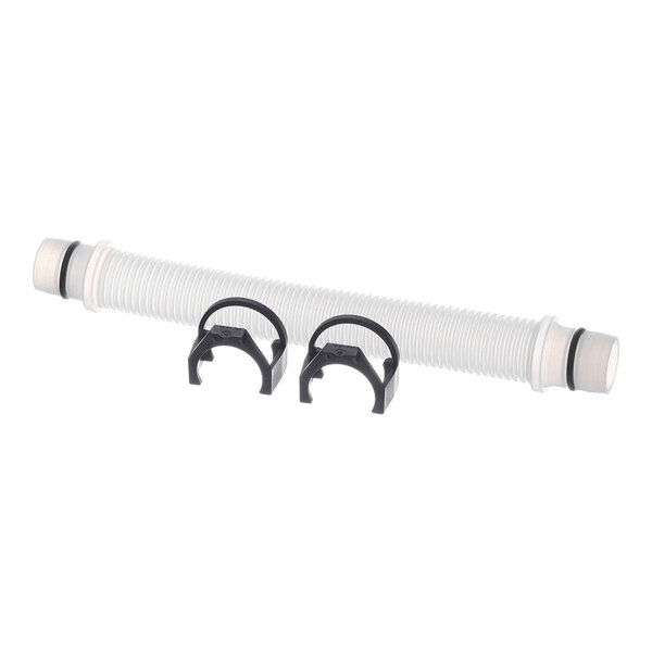 A white corrugated hose with black rubber rings on each end, accompanied by two black plastic clips, all set against a white background.