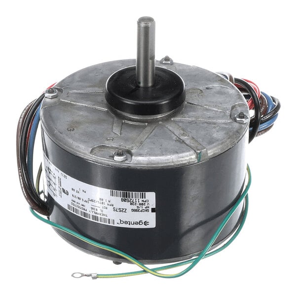 A cylindrical electric motor with a central shaft, multiple colored wires, and a label on the side.