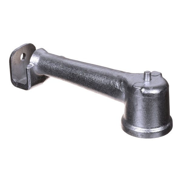 A metallic, L-shaped component with a mounting plate on one end and a cylindrical section on the other, likely part of a mechanical or industrial assembly.