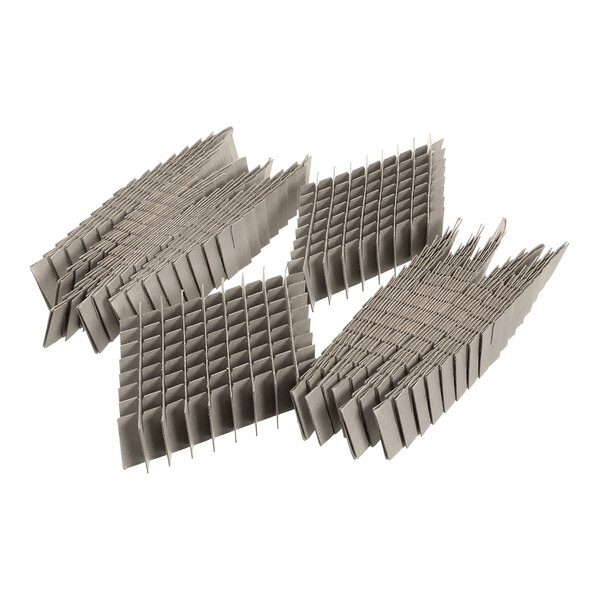 Several gray, grid-like cardboard dividers are arranged in a staggered pattern on a white background.