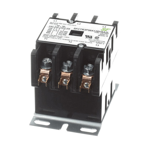 A three-pole electrical contactor with screw terminals and a labeled specification plate on top.