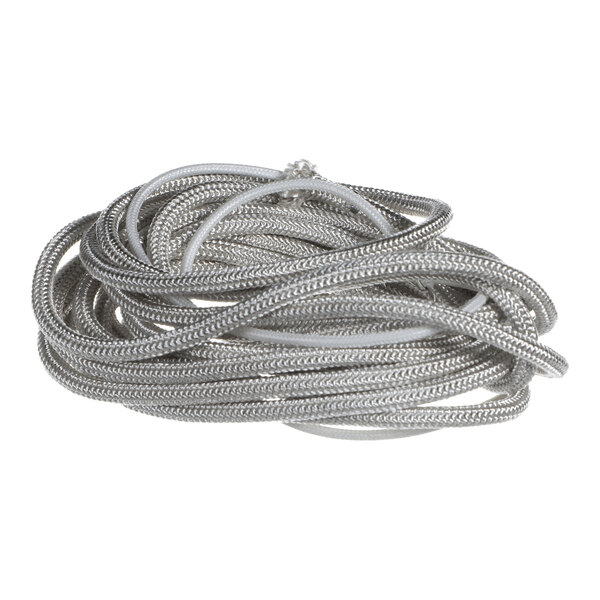A coiled, silver-colored, flexible rope-like element with a textured surface, shown against a white background.