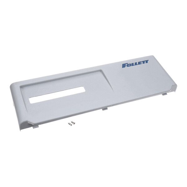 A rectangular gray plastic panel with a cutout section, the word 'Follett' printed on it, and two small screws placed nearby.
