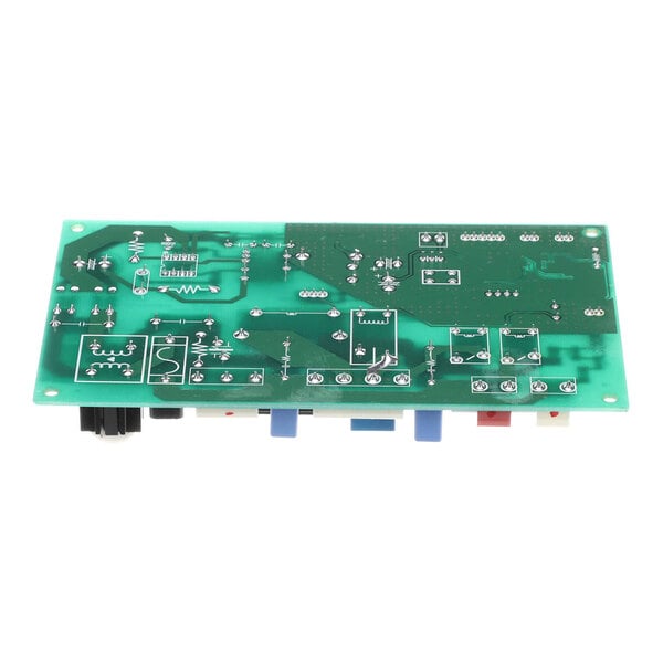 A green printed circuit board (PCB) with various solder points, component outlines, and connectors visible along one edge.