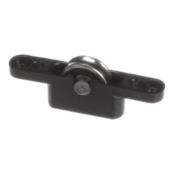 A small black plastic and metal roller assembly with a central wheel and mounting holes on either side.