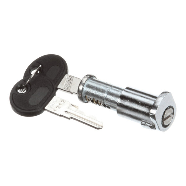 A metal cylinder lock with two attached keys, one inserted into the lock and the other connected by a keyring.