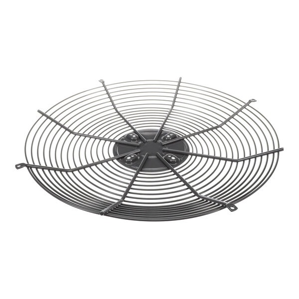 A round, black metal wire guard with concentric circles and radial supports, designed to cover and protect a fan.