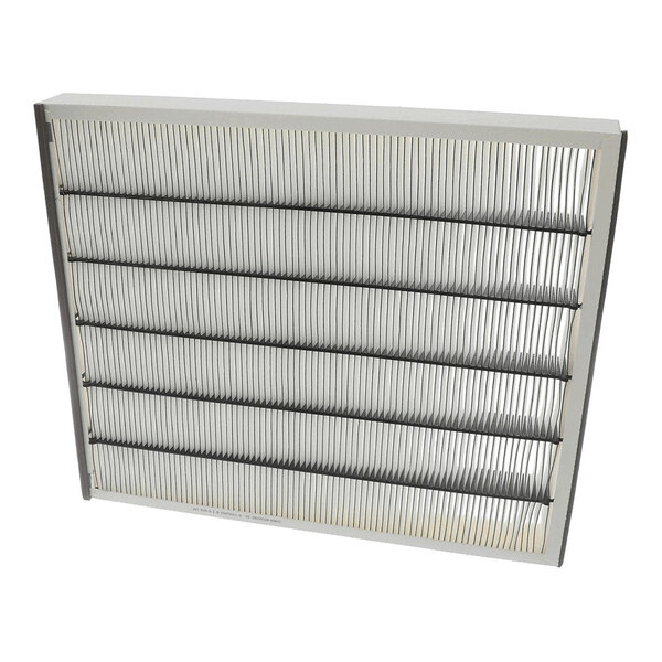 A rectangular pleated filter with a white frame and evenly spaced horizontal support bars.