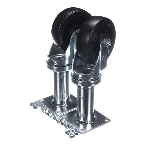 Two heavy-duty caster wheels with metal mounting plates and included hardware, positioned upright on a white background.