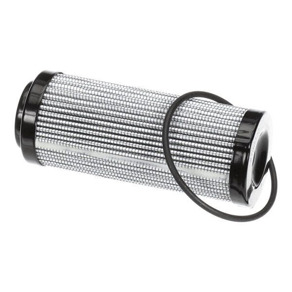 A cylindrical metal mesh filter with black end caps and a circular rubber O-ring beside it.