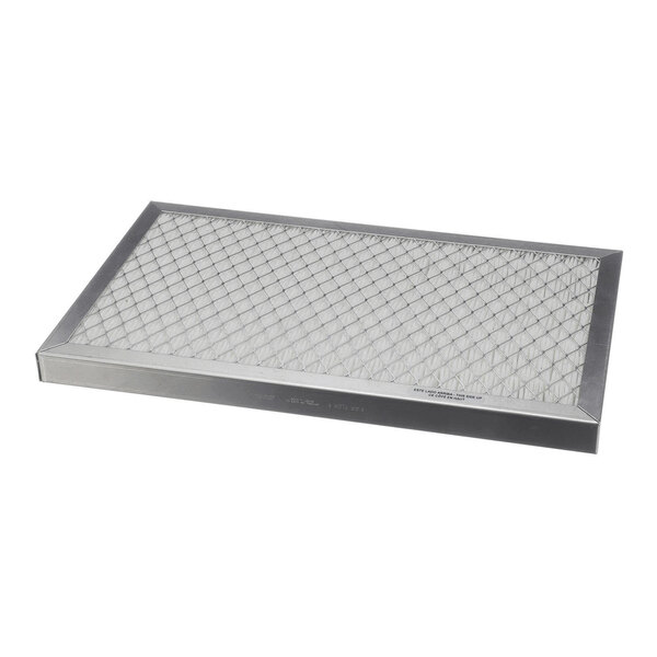 A rectangular metal-framed filter with a mesh-like surface, shown lying flat on a white background.