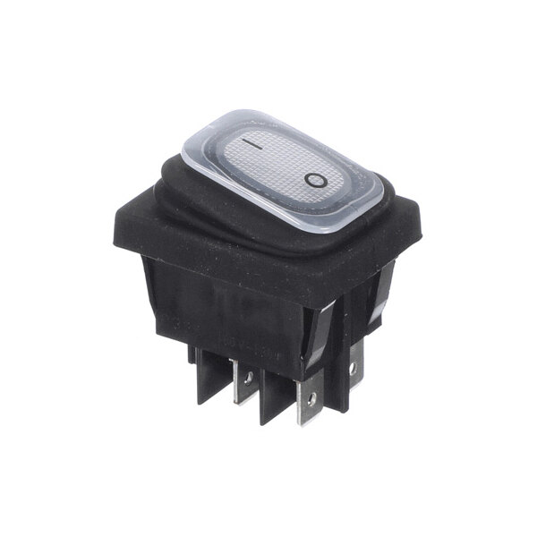 A rectangular black rocker switch with a transparent cover and multiple metal prongs at the bottom.