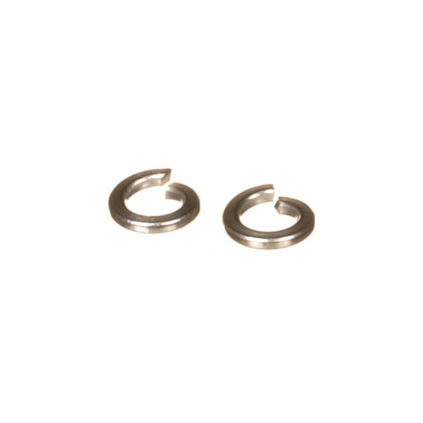 Two small, metallic, split lock washers are shown on a plain white background.