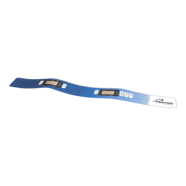 A long, flexible blue and white panel with two small digital displays and several buttons, featuring the Pedigo logo on one end.