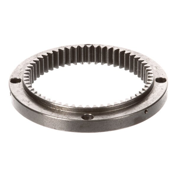 A circular metal ring with internal teeth and several holes around its perimeter.