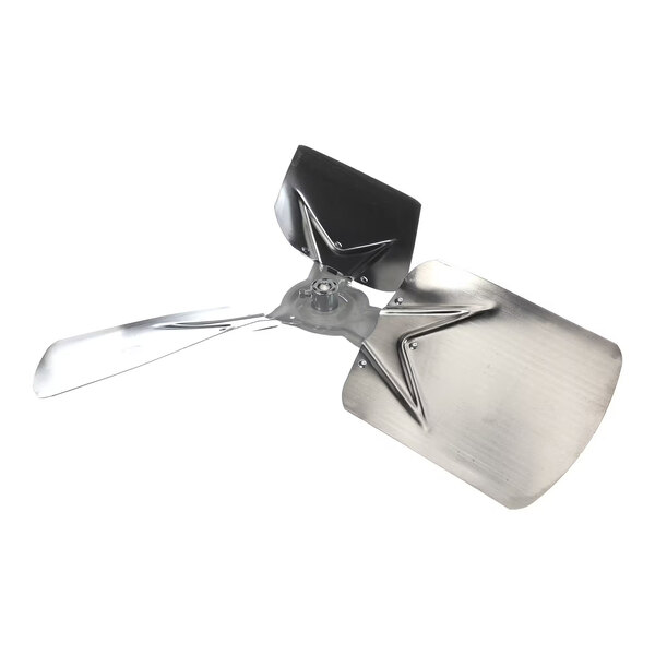 A three-blade metallic fan blade assembly with each blade having a distinct shape and embossed pattern.