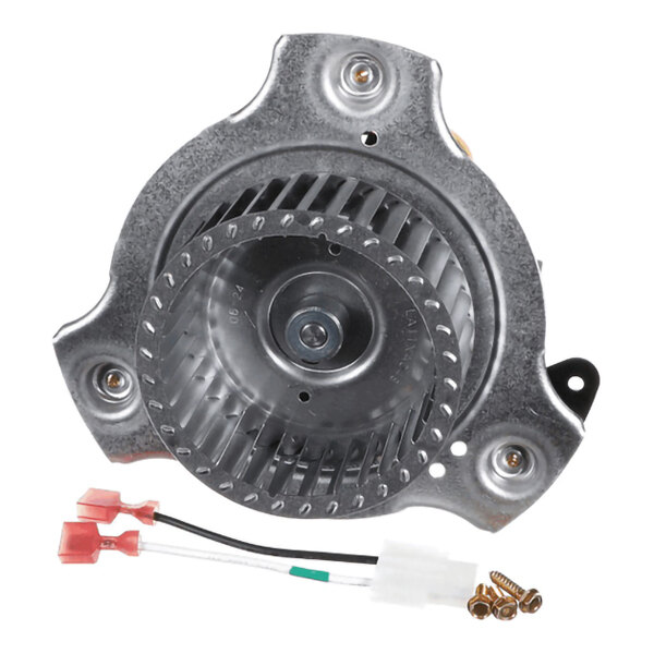 A metal blower fan assembly with attached wiring connectors and mounting screws, viewed from above.