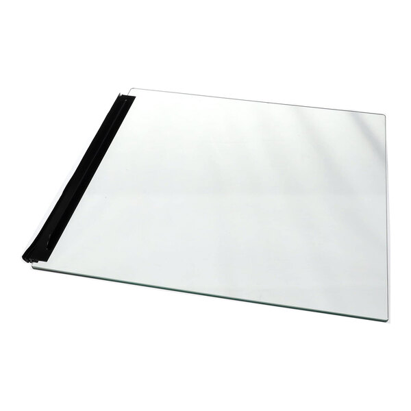 A rectangular sheet of clear glass with a black strip along one edge, photographed against a white background.