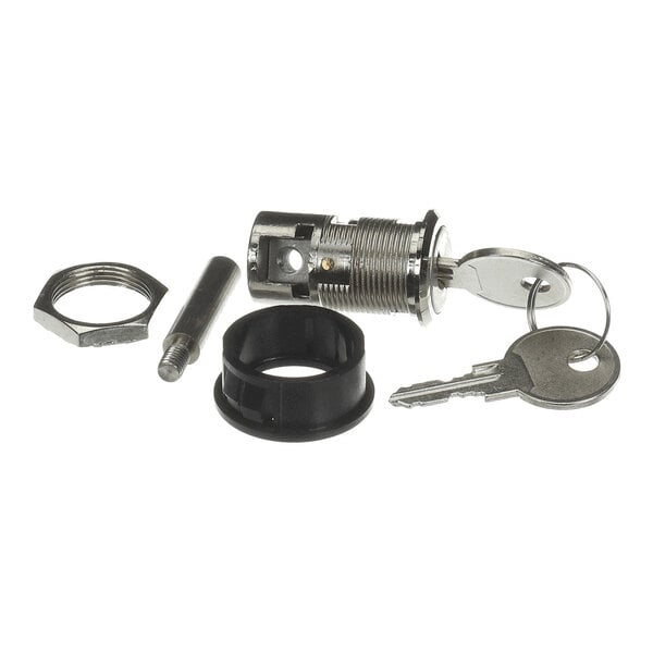 A metal door lock assembly with two keys, a threaded nut, a cylindrical pin, and a black plastic ring.