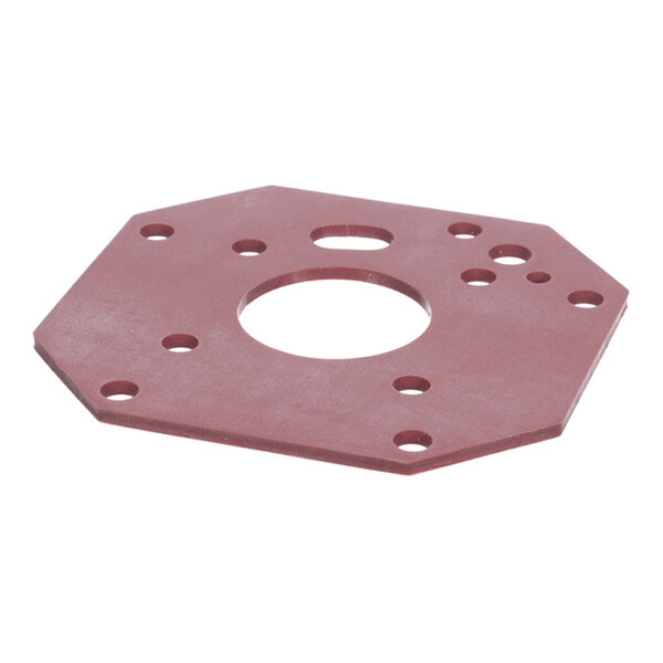 A flat, octagonal, reddish-brown gasket with multiple holes of varying sizes.