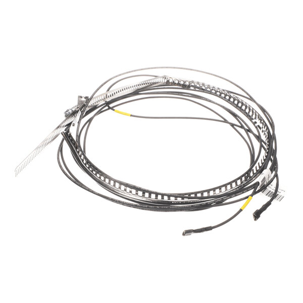 A coiled black cable with connectors and a metallic strip, likely an electrical component.