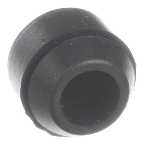 A black, cylindrical rubber-like component with a central hole, resembling a bushing or grommet.
