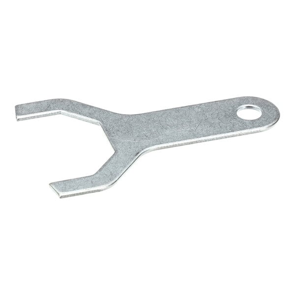 A flat, metal wrench with an open-ended design and a hole at one end, likely used for adjusting or installing casters.