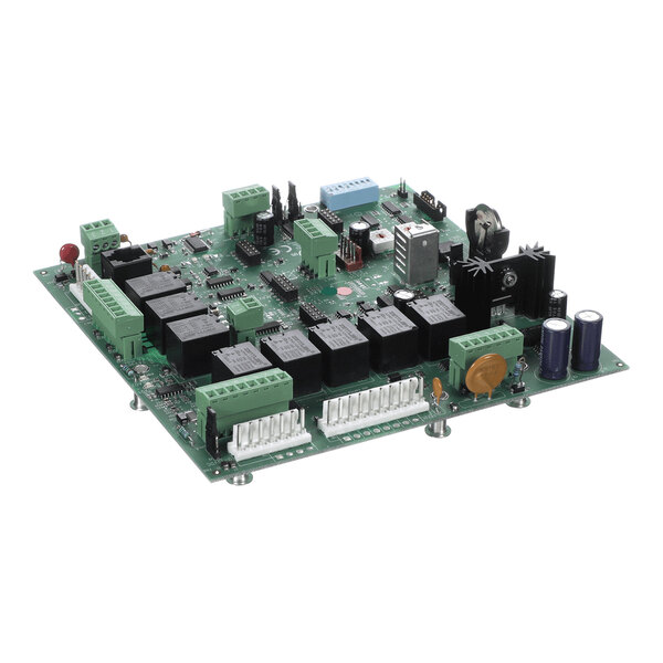 A green electronic circuit board with various components including black relays, green terminal blocks, capacitors, connectors, and heat sinks mounted on it.
