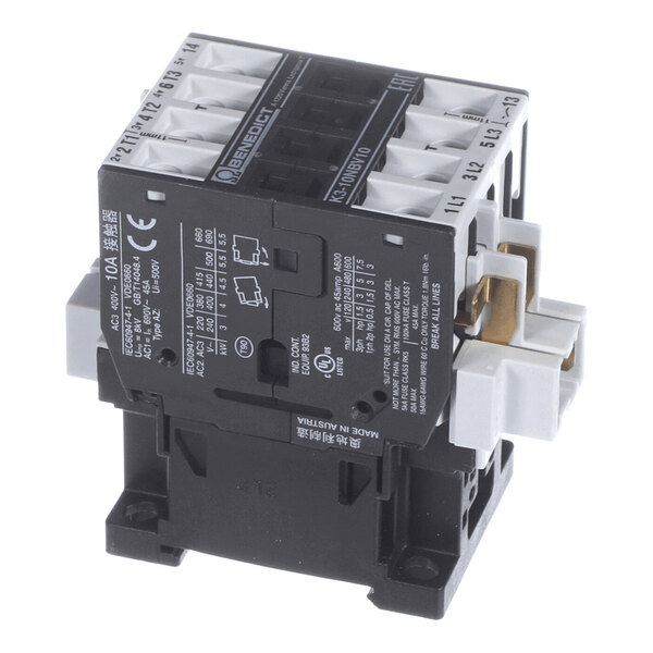 A black and white electrical contactor with labeled terminals and technical specifications printed on its surface.