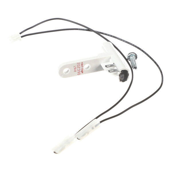 A small white plastic component with two attached black wires, a metal connector, and a screw.