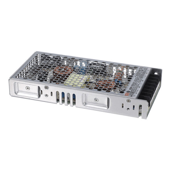 A rectangular metal electronic component with a perforated top cover, revealing internal circuitry and components.
