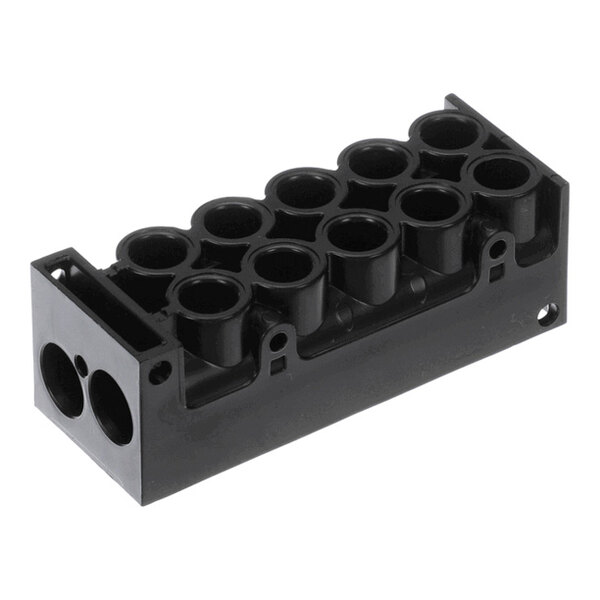 A black rectangular plastic component with multiple cylindrical openings arranged in two rows on the top surface.