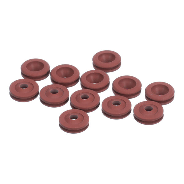 A group of small, round, red rubber-like grommets or seals with a central hole, arranged on a white background.