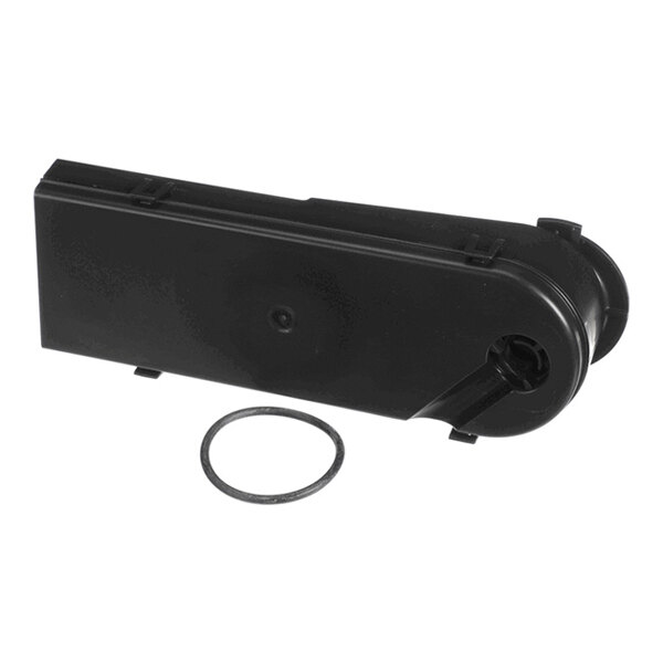 A black rectangular plastic component with a rounded end and a separate circular rubber ring placed beside it.