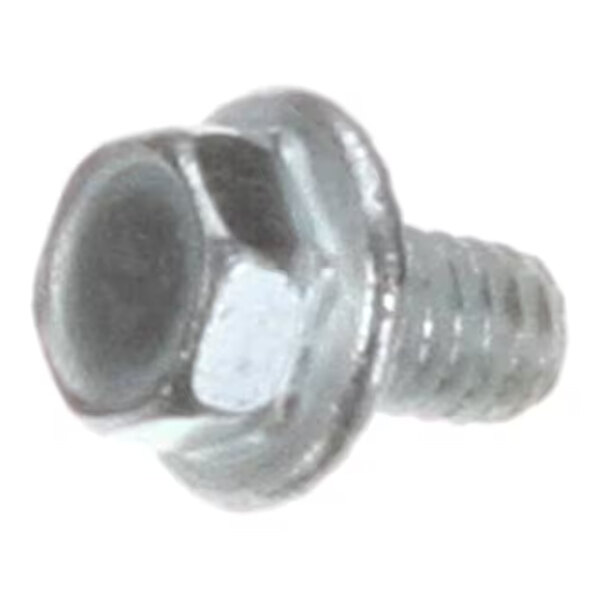 A close-up view of a small metallic hex head screw with a built-in washer and threaded shaft.