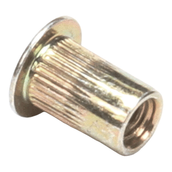 A metallic, cylindrical, threaded insert with a flanged head and a ribbed exterior surface.