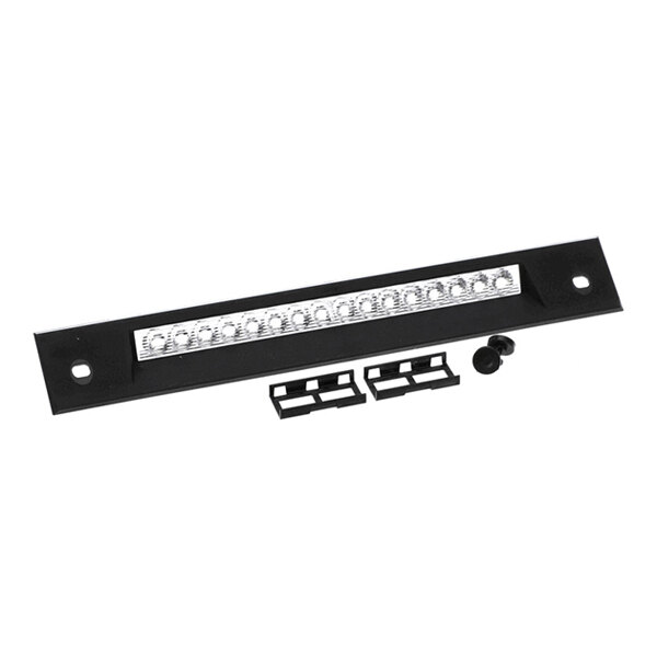 A rectangular black panel with a row of LED lights in the center, accompanied by two small black brackets and two screws.