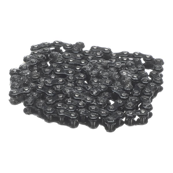 A coiled metal chain with interlocking links, shown against a white background.