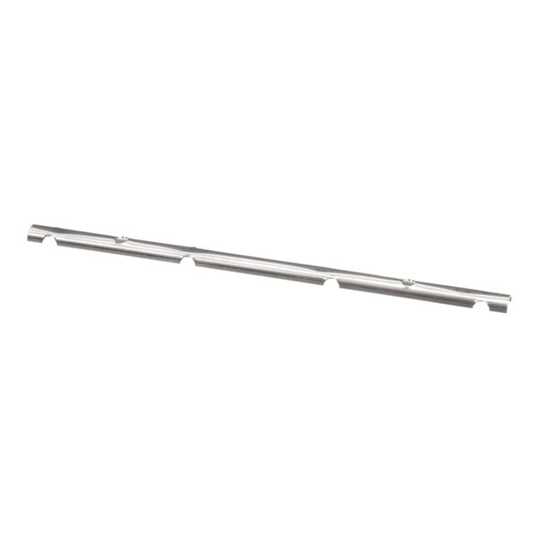 A long, narrow metallic bar with evenly spaced notches and screw holes along its length.