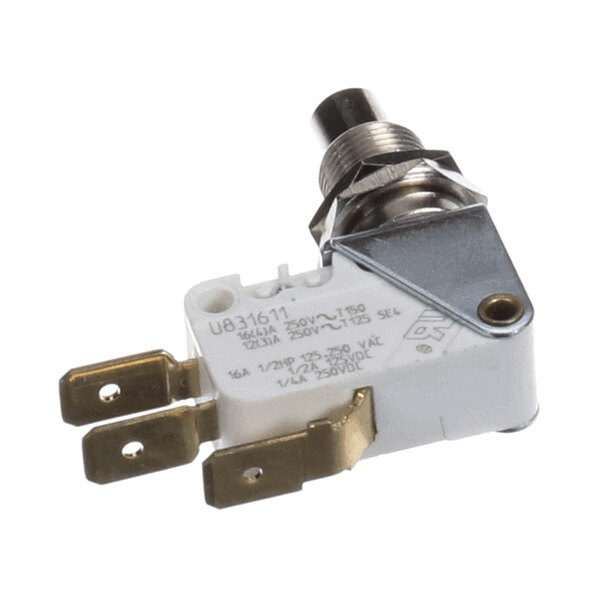 A close-up view of an electrical microswitch with a metal actuator and three brass terminals.