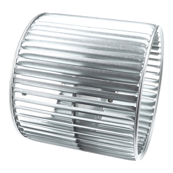 A cylindrical metal fan wheel with evenly spaced blades and a central hub.